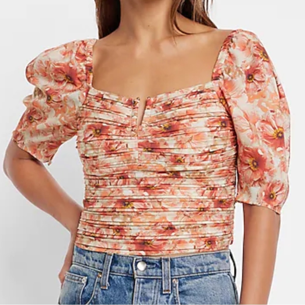 Express Satin Floral Print Ruched VBar Cropped Top - Size S